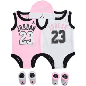 Nike Baby's Bodysuit Hat and Booties Set, 0-6 Months, White/Pink, 5 Count